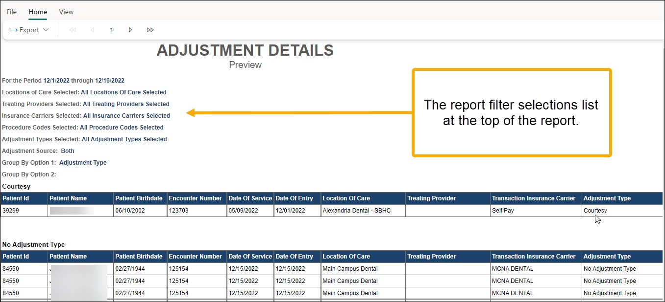 Example of the Adjustment Details report